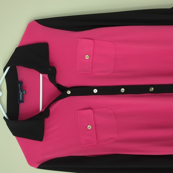 Jones NY Signature Tab Sleeve Button Down Blouse M Black Hot Pink - Picture 5 of 16
